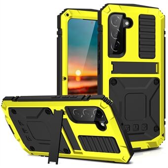 R-JUST Metal+Silicone+PC Anti-fall Dust-proof Kickstand Case with Built-in Tempered Glass Lens Protector and Screen Protector for Samsung Galaxy S22 5G