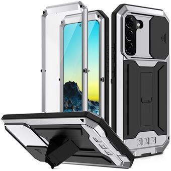 R-JUST 2nd Generation Anti-fall Dust-proof Metal+Silicone+PC Sliding Camera Cover Kickstand Design Case with Built-in Tempered Glass Screen Protector for Samsung Galaxy S22 5G