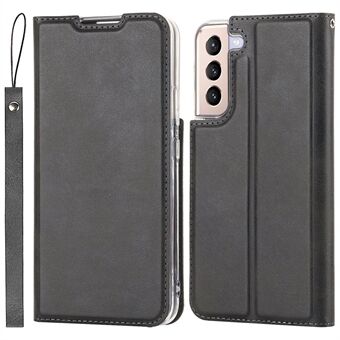 For Samsung Galaxy S22 5G Textured PU Leather Card Holder Phone Cover Drop-proof Stand Phone Shell with Wrist Strap