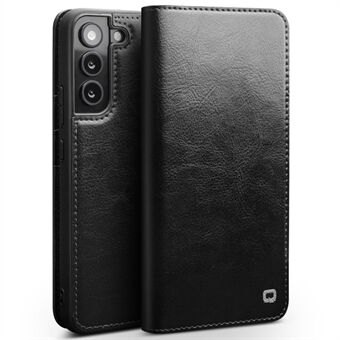 QIALINO for Samsung Galaxy S22 5G Well-protected Anti-fall Folio Flip Wallet Design Genuine Leather Cell Phone Case