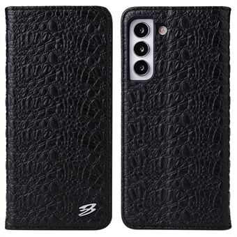FIERRE SHANN for Samsung Galaxy S22 5G Top Layer Cowhide Leather Crocodile Texture Wallet Stand Magnetic Phone Case