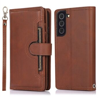 For Samsung Galaxy S22 5G Split Leather Stand Multiple Card Slots Case Wallet Phone Cover with Hand Strap