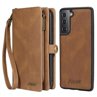 MEGSHI 017 Series Multi-Function Wallet Case for Samsung Galaxy S22 5G, PU Leather 2-in-1 Detachable Magnetic Flip Wrist Strap Protective Cover with Zipper Pouch