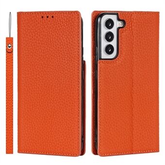 For Samsung Galaxy S22 5G Litchi Texture Genuine Leather Phone Case Wallet Stand Protective Cover with Wrist Strap