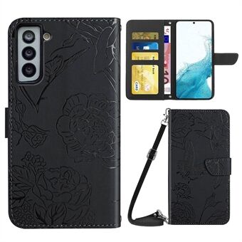 For Samsung Galaxy S22 5G Butterfly Flowers Imprinting PU Leather Phone Shell, Well-protected Pattern Imprinting Design Wallet Stand Case with Shoulder Strap