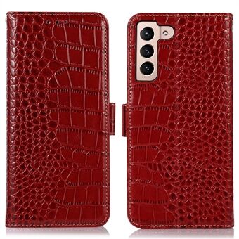 For Samsung Galaxy S22 5G RFID Blocking Genuine Cowhide Leather Wallet Phone Cover, Crocodile Texture Shock Absorption Stand Magnetic Flip Folio Case