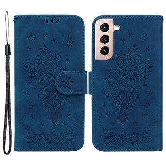 For Samsung Galaxy S22 5G Imprinting Roses Butterflies Pattern Full Protection Phone Cover Shockproof Leather Mobile Phone Case Impact-resistant Wallet Stand