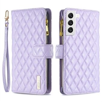 BINFEN COLOR for Samsung Galaxy S22 5G BF Style-15 Imprinted Rhombus Pattern Case with Zipper Pocket Hands-free Stand Matte PU Leather Wallet Cover