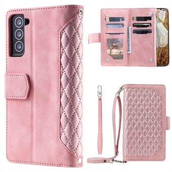 005 Style For Samsung Galaxy S22 5G, Anti-fall Rhombus Texture PU Leather Phone Case Zipper Pocket Wallet Stand Protective Phone Shell with Strap