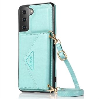 For Samsung Galaxy S22 5G PU Leather Coated TPU Kickstand Case Card Holder Magnetic Closure Phone Cover with Shoulder Strap