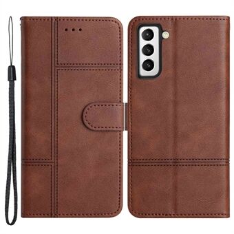 For Samsung Galaxy S22 5G Magnetic Buckle Business PU Leather Case Lines Imprinted Stand Wallet Folio Phone Cover with Strap