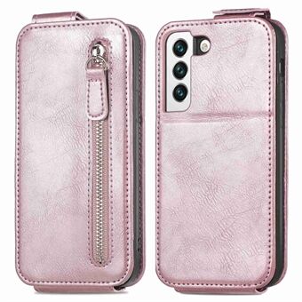 Zipper Pocket Stand Case for Samsung Galaxy S22 5G, PU Leather Vertical Flip Phone Cover with Car Mount Metal Sheet