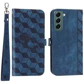 PU Leather Phone Case for Samsung Galaxy S22 5G, Imprinted Spider Rhombus Pattern Stand Wallet Case with Strap