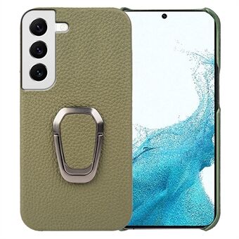 For Samsung Galaxy S22 5G Ring Kickstand Protective Case Litchi Texture Genuine Leather Coated Hard PC Shockproof Phone Cover
