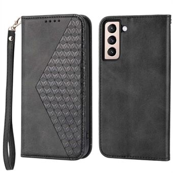 For Samsung Galaxy S22 5G Imprinted Rhombus Pattern Wallet Stand Phone Case Calf Texture PU Leather Shockproof Cover with Strap