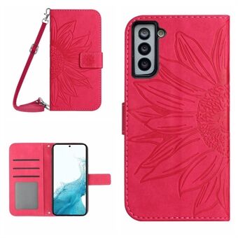 For Samsung Galaxy S22 5G HT04 Skin-touch PU Leather Case Imprinted Sunflower Phone Stand Wallet Cover with Shoulder Strap