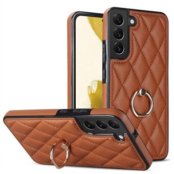 For Samsung Galaxy S22 5G Ring Kickstand Phone Case Imprinted Rhombus Grid Pattern Leather Coated TPU Cover