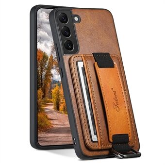 SUTENI H13 For Samsung Galaxy S22 5G Card Holder Leather Coated PC+TPU Case with Hand Strap Kickstand Phone Cover
