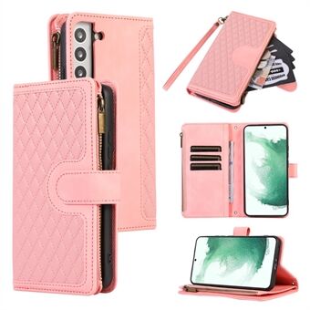For Samsung Galaxy S22 5G 9 Card Slots Zipper Pocket PU Leather Phone Case Rhombus Imprint Stand Wallet Cover