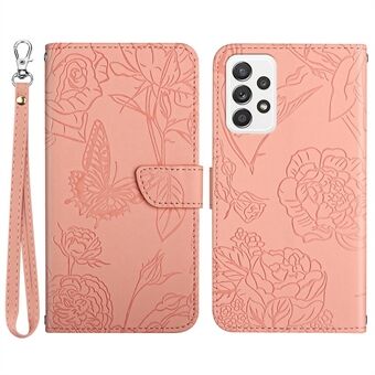 Imprinting Butterfly Flower Leather Cover for Samsung Galaxy A33 5G, Wallet Stand Function Skin-touch Phone Shell with Hand Strap