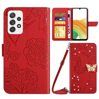 For Samsung Galaxy A33 5G Skin-touch Phone Case Butterfly Flowers Imprinted Rhinestone Decor Phone Wallet Cover Stand with Shoulder Strap