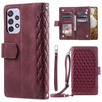 For Samsung Galaxy A33 5G Phone Case, 005 Style Magnetic Phone Leather Case Rhombus Texture Anti-fall Zipper Pocket Stand Wallet Flip Protector with Strap
