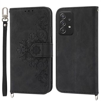 For Samsung Galaxy A33 5G Wallet Design Skin-touch Imprinted Flowers Pattern Leather Case Stand Phone Cover with Wrist Strap and Shoulder Strap
