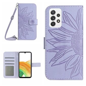 For Samsung Galaxy A33 5G HT04 Sunflower Imprinted PU Leather Case Stand Wallet Skin-touch Phone Cover with Shoulder Strap