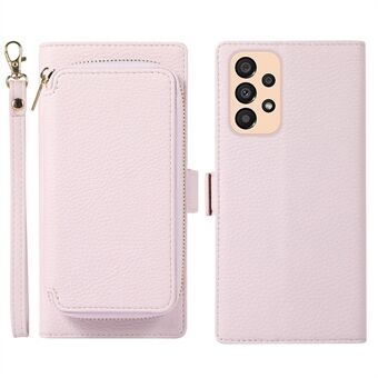 For Samsung Galaxy A33 5G Magnetic Detachable Zipper Card Bag 2-in-1 Litchi Texture PU Leather+TPU Cover Bump Proof Phone Stand Wallet Case with Strap