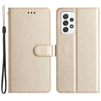 For Samsung Galaxy A33 5G PU Leather Phone Wallet Stand Cover Silk Texture Flip Case with Hand Strap