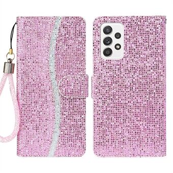 Stylish Wallet Phone Case PU Leather Glittery Powder Handy Strap Scratch-resistant Mobile Phone Cover for Samsung Galaxy A53 5G
