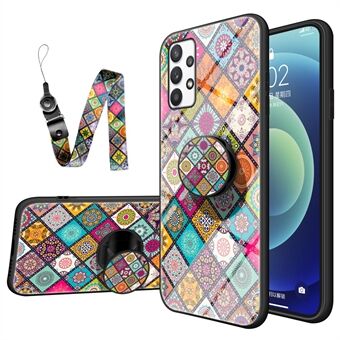 For Samsung Galaxy A53 5G Kickstand Tempered Glass + PC + TPU Stylish Pattern Mobile Phone Case Shell with Lanyard