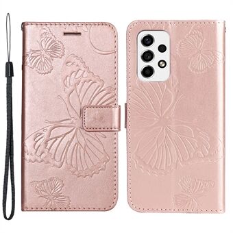 KT Imprinting Flower Series-2 Imprinted Butterfly PU Leather Cover Folio Flip Wallet Stand Phone Case with Wrist Strap for Samsung Galaxy A53 5G