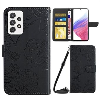 For Samsung Galaxy A53 5G Butterfly Flowers Imprinting PU Leather Phone Shell, Pattern Imprinting Design Hands-free Stand Wallet Case with Shoulder Strap