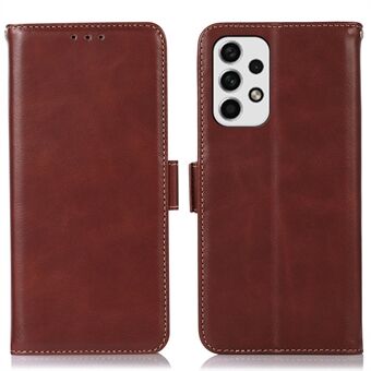 For Samsung Galaxy A53 5G Side Clasps Design Genuine Cowhide Leather Drop-proof Wallet Cover Crazy Horse Texture RFID Blocking Phone Stand Case