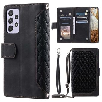 For Samsung Galaxy A53 5G Phone Case, 005 Style Zipper Pocket Magnetic Phone Leather Case Rhombus Texture Full Protection Stand Wallet Flip Shell with Strap