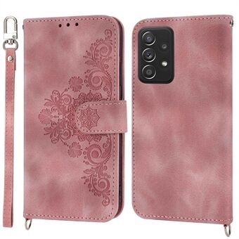 For Samsung Galaxy A53 5G Supporting Stand Skin-touch Imprinted Flowers Pattern Leather Case Wallet Phone Cover with Wrist Strap and Shoulder Strap