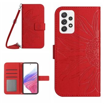 For Samsung Galaxy A53 5G HT04 Sunflower Imprinted PU Leather Skin-touch Anti-scratch Phone Wallet Cover Protective Phone Case Stand with Shoulder Strap