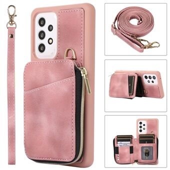Kickstand Phone Case for Samsung Galaxy A53 5G Leather TPU Phone Cover with Zipper Card Bag, Straps