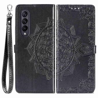 For Samsung Galaxy Z Fold4 5G Shockproof Flip Wallet Cover Embossed Mandala Pattern Folding Stand PU Leather Case with Hand Strap