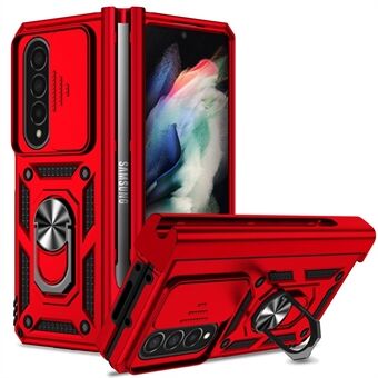 For Samsung Galaxy Z Fold4 5G PC + TPU Shockproof Phone Case Metal Ring Kickstand Slide Camera Cover Shell