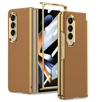 GKK For Samsung Galaxy Z Fold4 5G Litchi Texture Electroplating Phone Case Curved Edge PU Leather Coated PC Cover with Tempered Glass Film
