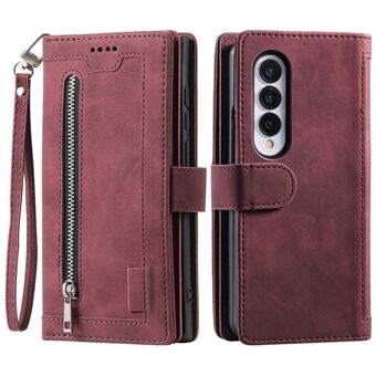 For Samsung Galaxy Z Fold4 5G 9 Card Holder Slots Zipper Pocket Case PU Leather Magnetic Closure Stand Folio Flip Wallet Phone Cover with Wrist Strap