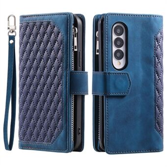 For Samsung Galaxy Z Fold4 5G Style-005 Imprinted Rhombus Pattern PU Leather Phone Case Magnetic Closure Zipper Pocket Stand Flip Cover with Hand Strap