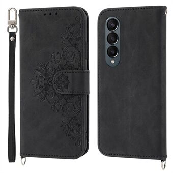 For Samsung Galaxy Z Fold4 5G Imprinted Flowers Skin-touch PU Leather Cover Wallet Stand Folding Phone Case with Shoulder Strap