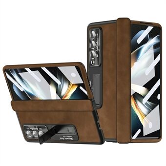 For Samsung Galaxy Z Fold4 5G Magnetic Hinge Kickstand Phone Case Nappa Texture PU Leather Coated PC Anti-Drop Cover with Tempered Glass Screen Film