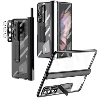For Samsung Galaxy Z Fold4 5G Magnetic Pen Slot Hinge PC Cover Kickstand Transparent Phone Case with Tempered Glass Film  /  Stylus Pen