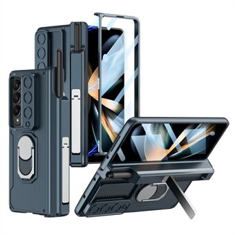 GKK For Samsung Galaxy Z Fold4 5G Hinge Protection Hard PC Case Finger Ring Kickstand Phone Cover with Slide Camera Lens Cover and Tempered Glass Film
