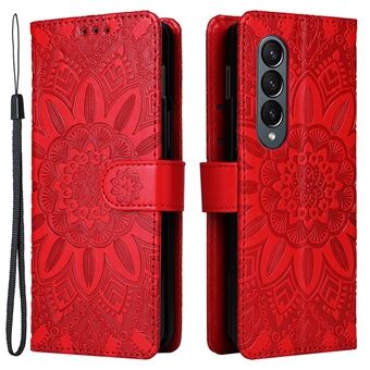 For Samsung Galaxy Z Fold4 5G Leather Stand Phone Case Sunflower Imprinted Wallet Folding Phone Cover with Strap