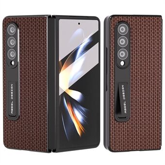 ABEEL For Samsung Galaxy Z Fold4 5G Fingerprint-proof Phone Case Cowhide Leather Hard PC Kickstand Cover with Tempered Glass Film